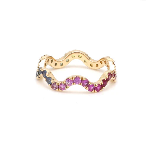 Anillo Wave con diamantes de laboratorio multicolor en oro 14k — Amelia Maia.