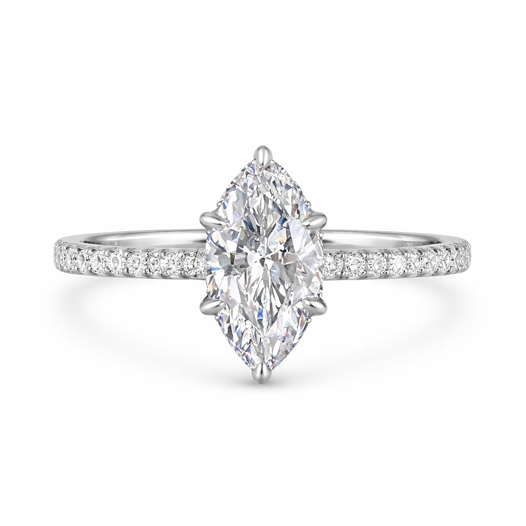 Anillo de compromiso con diamante de laboratorio 2.00 ct corte marquise y pavé de diamantes en oro blanco.