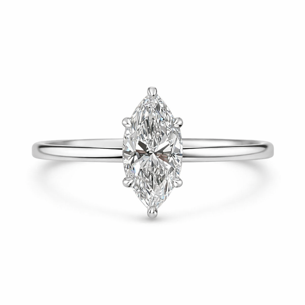 Anillo de compromiso con diamante de laboratorio 1.50 ct corte marquise en diseño solitario minimalista.