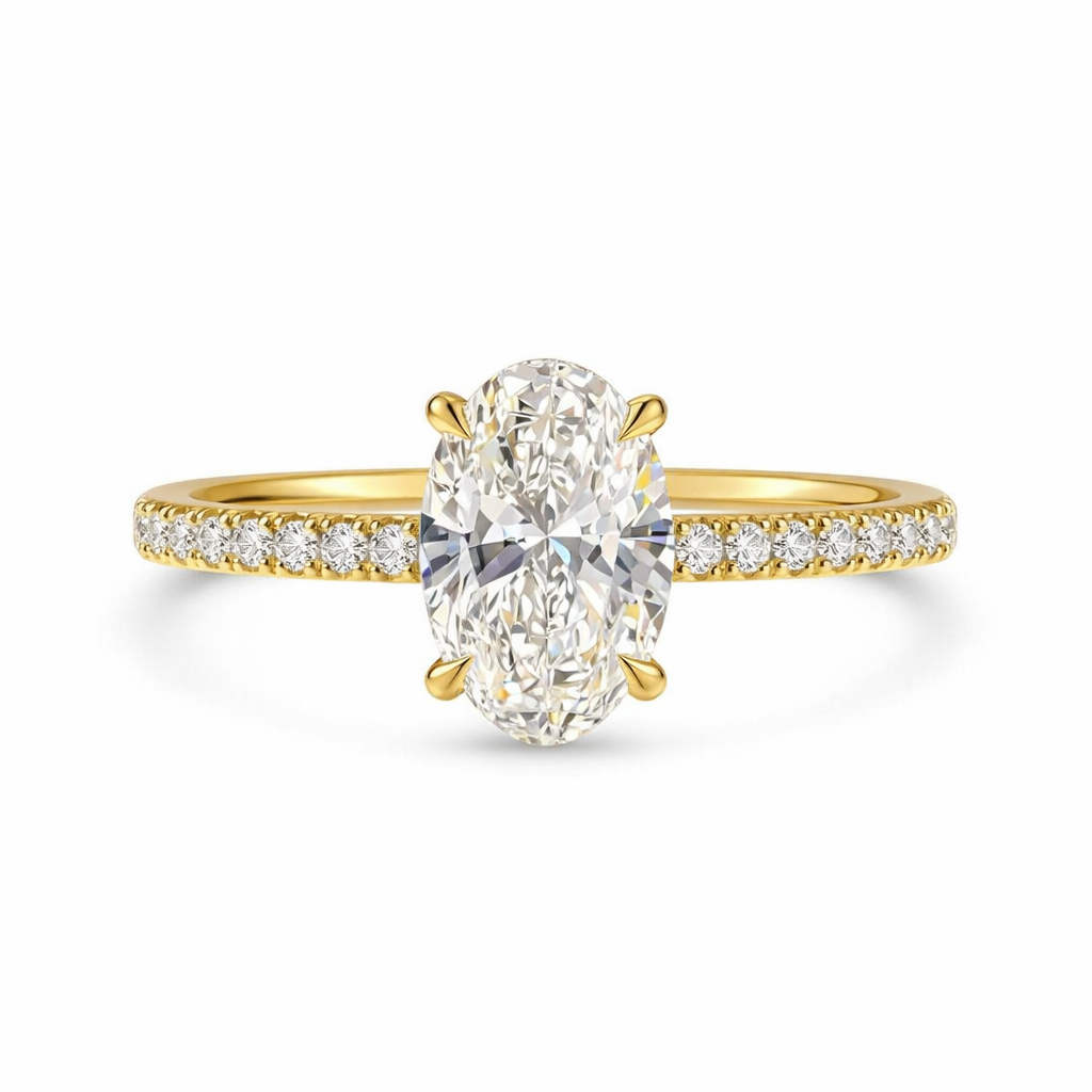Anillo de compromiso con diamante de laboratorio 2.00 ct corte oval y pavé de diamantes en oro blanco.