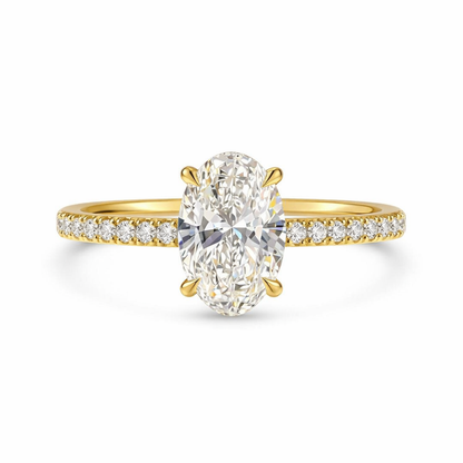 Anillo de compromiso con diamante de laboratorio 2.00 ct corte oval y pavé de diamantes en oro blanco.