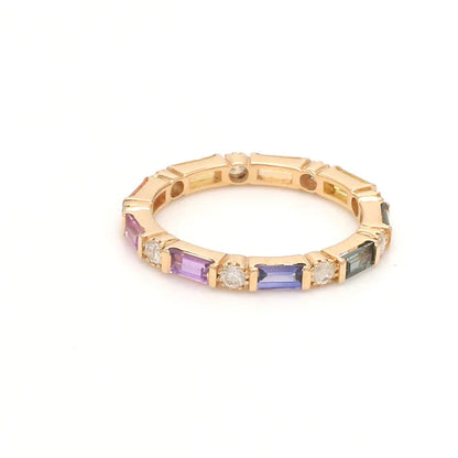 Anillo Baguette Dual con diamantes de laboratorio multicolor e incoloros en oro 14k — Amelia Maia.