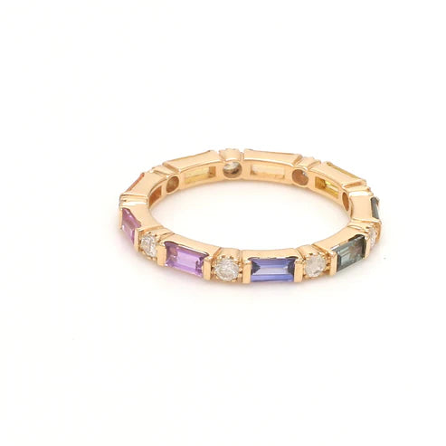 Anillo Baguette Dual con diamantes de laboratorio multicolor e incoloros en oro 14k — Amelia Maia.