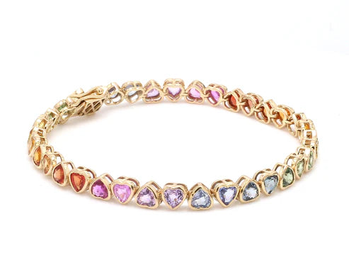 Pulsera Hearts Rainbow con fancy diamonds multicolor en oro 14k — Amelia Maia.