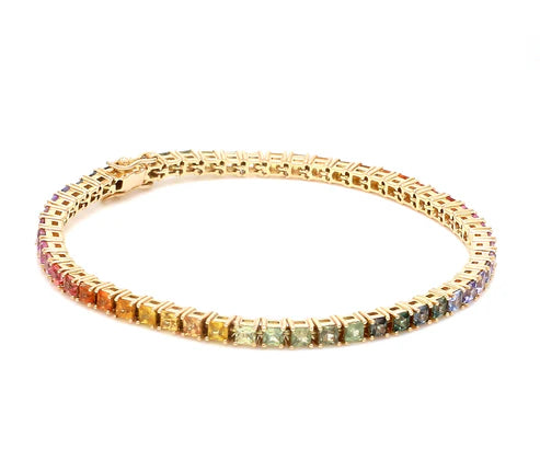 Brazalete Rainbow Classic con fancy diamonds corte princesa en oro 14k — Amelia Maia.
