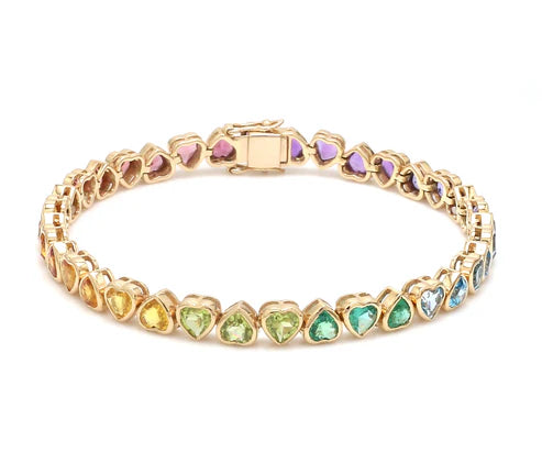 Brazalete Rainbow Hearts con fancy diamonds multicolor en oro 14k — Amelia Maia.