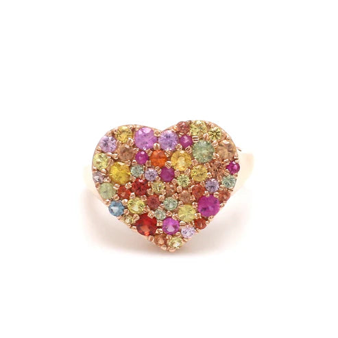 Anillo corazón pavé con diamantes de laboratorio multicolor en oro 14k — Amelia Maia.