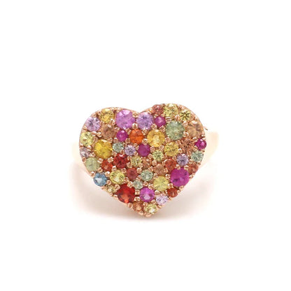 Anillo corazón pavé con diamantes de laboratorio multicolor en oro 14k — Amelia Maia.